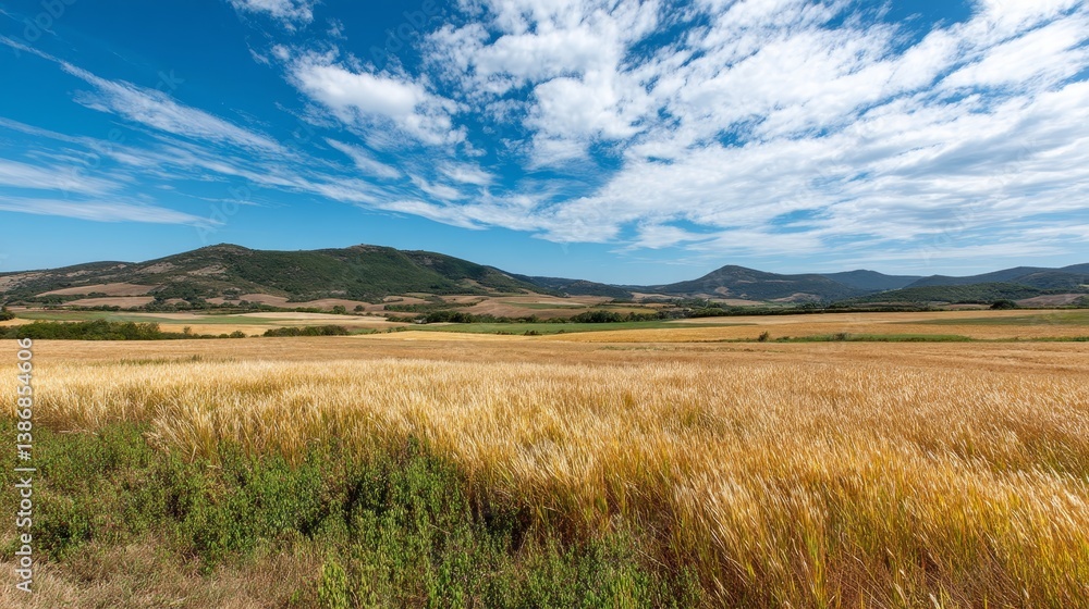 Aufkleber rolling fields of golden grass sway gently in the wind under a vast, cloudless sky, illuminated by w