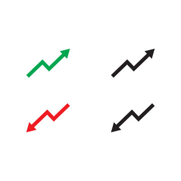 Four colorful zig-zag line arrow icons representing market volatility and fluctuating financial trends are isolated on a crisp white background for.