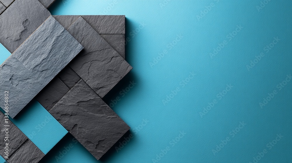 Poster a geometric arrangement of dark gray slate tiles contrasts vividly with a bright turquoise backdrop,