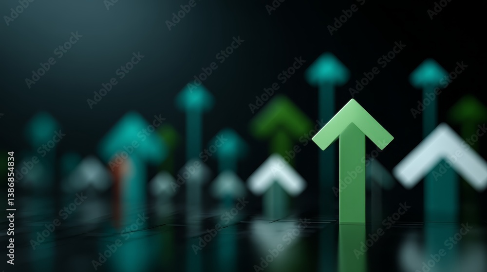 Poster a glowing green upward arrow graph on a dark background illustrates growth and innovation, surrounde