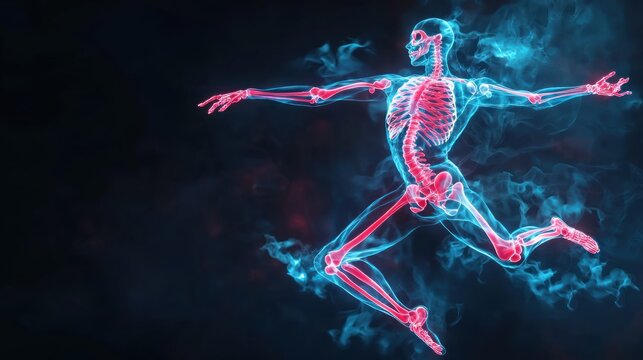Anatomy in Motion: A Digital Rendering of a Skeleton Leaping Through a Mystical, Smoke-Filled Atmosphere