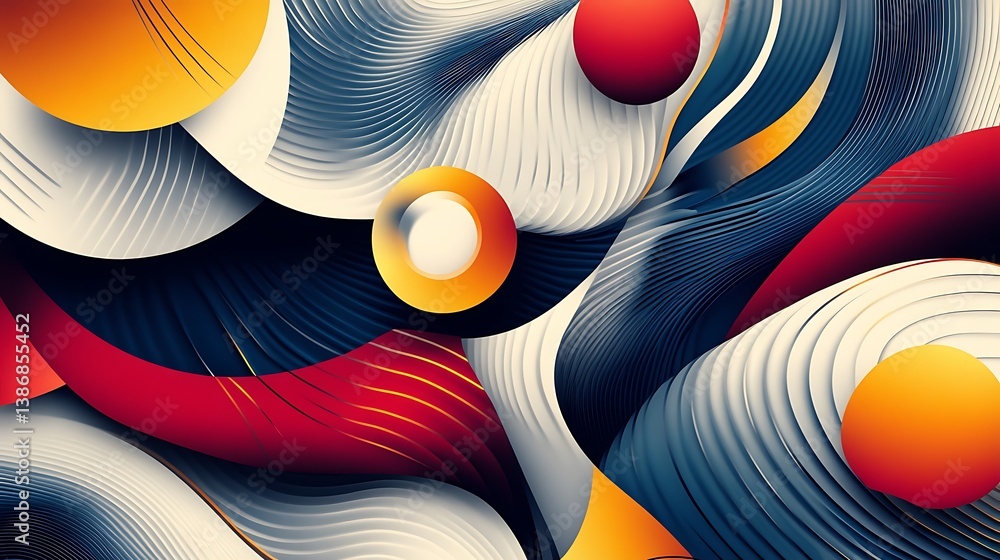 Poster abstract swirling color symphony with dynamic composition of curving lines spheres for illustration 