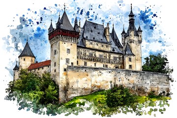 Majestic Fairytale Castle Surrounded by Lush Green Landscape