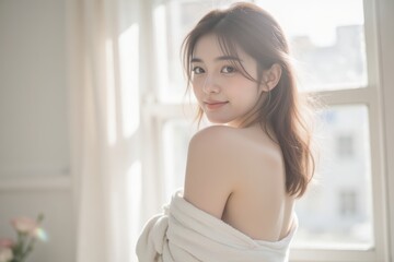 Beautiful Asian Woman in Towel by Window: Serene Beauty, Morning Light, Skincare, Wellness