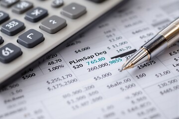 Close-up of financial spreadsheet with pen and calculator, realistic photographic style, on clean desk background, concept of business analysis. Ai generative