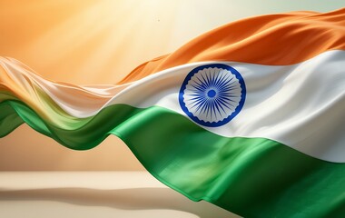 The vibrant colors of the Indian flag ripple in a bright, sunlit scene