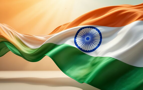 The vibrant colors of the Indian flag ripple in a bright, sunlit scene