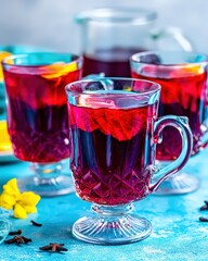 Refreshing Spiced Rum Punch in Elegant Glassware, Perfect for Summer Gatherings with Citrus and Floral Accents