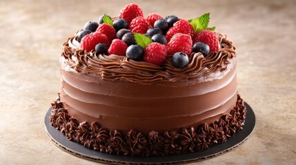 A decadent chocolate cake with frosting and berries. Featuring indulgence and sweetness