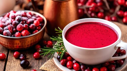 Realistic Spiced Cranberry Beverage in White Bowl Surrounded by Fresh Cranberries and Rustic Decore on Wooden Background