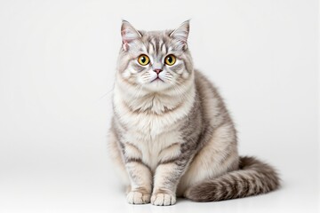 Cute fluffy silver tabby cat with bright yellow eyes sitting calmly, photorealistic style on a white background. Concept of pets and animal beauty. Ai generative