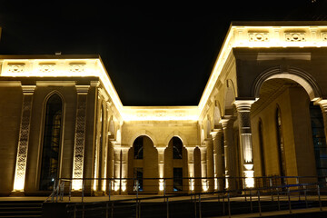 Central city mosque in Almaty, Kazakhstan. Mosque with lights at night