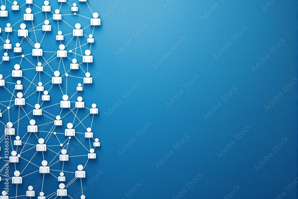 Poster white human icons linked by lines forming a network on a textured blue background, symbolizing commu