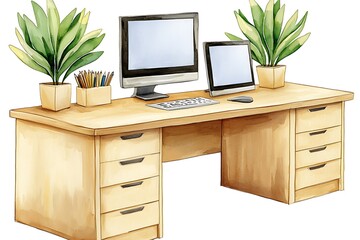Modern Office Desk with Computer and Green Plants in Workspace