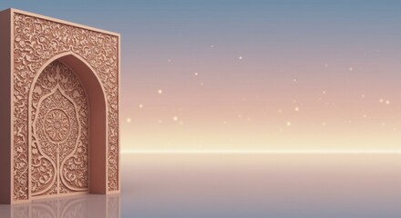 Intricate Islamic Archway at Dawn: A Serene Digital Artwork