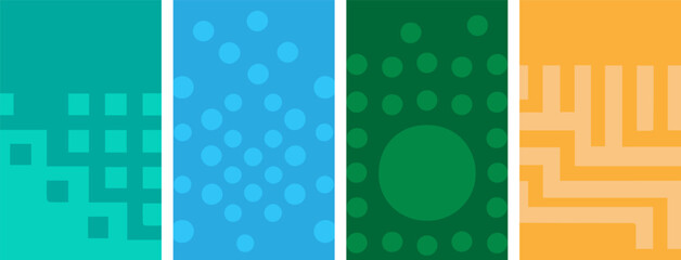 Colorful Geometric Patterns in Four Panels with Vibrant Shapes and Designs.