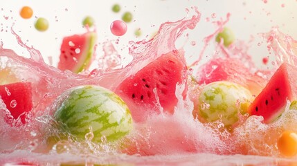 A fun fruit splash with watermelon, bursting with pink and green tones, set against a white background