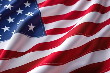 Fototapeta premium Close-up of USA flag waving in fabric texture style with visible stitching details on a soft light background, symbolizing patriotism. Ai generative
