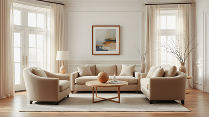 Fototapeta premium Elegant Living Room Interior Featuring Warm Tones and Natural Light