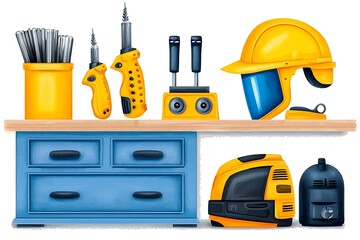 Fototapeta premium Tools and Equipment on Workbench with Yellow Accessories