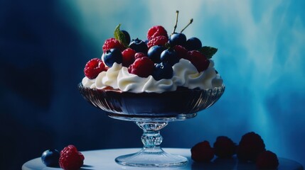 A decadent chocolate mousse with whipped cream and berries. Featuring indulgence and sweetness