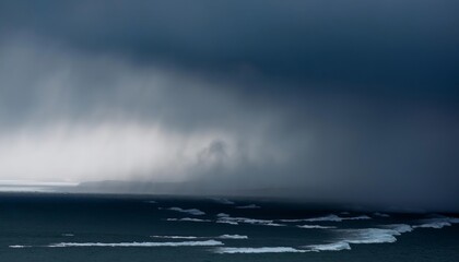 Fototapeta premium Dark clouds pouring rain over stormy ocean with icebergs