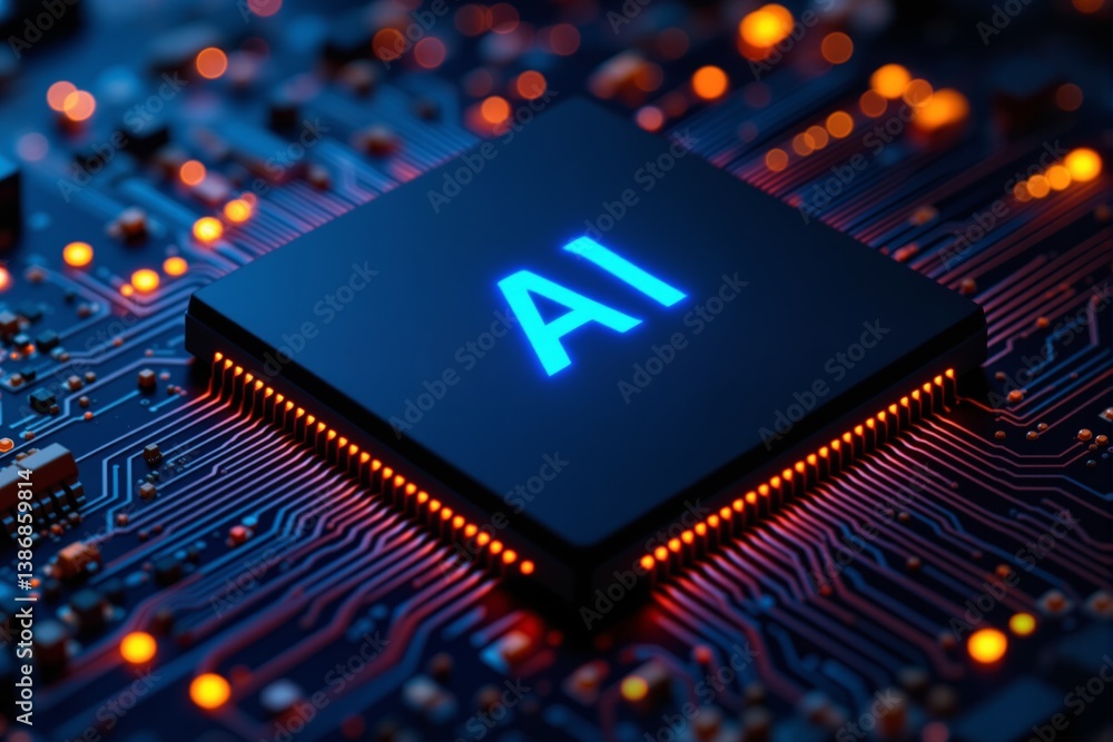Poster glowing ai chip placed on a detailed circuit board, futuristic digital style, illuminated background