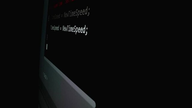 Closeup macro shot movement of coding script moving across LED screen with real-time AI-generated typing, showcasing advanced AI learning in optimization, debug and coding for software development.