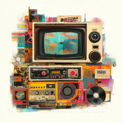 Fototapeta premium Retro pop art digital collage retro layered. Vintage visual. Colorful graphic media. Clip art. Isolated on white background. Funky collage showcasing retro tech in vibrant pop art style.