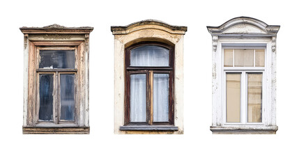 Various collection of old rusty wooden colorful window frame isolated on transparent background