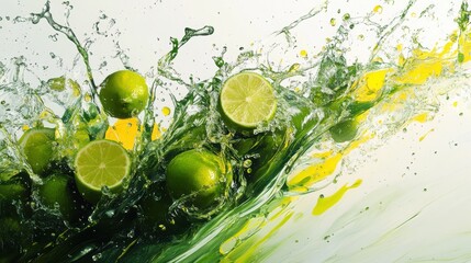 A tangy fruit splash with limes, bursting in green and yellow, set against a white background