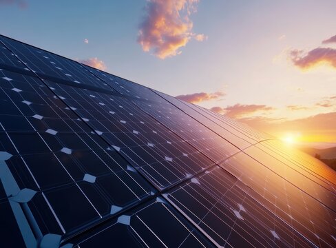 Solar Panel's energy: Capturing the essence of sustainable technology. A close-up of a solar panel, harnessing the sun's energy under a beautiful sky. - Powered by Adobe