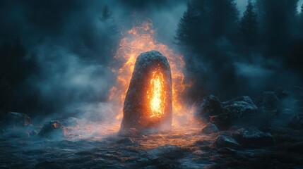 Fiery portal within a stone, shrouded in mist and dark forest