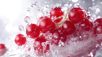 A colorful fruit splash with redcurrants, bursting with red hues, set against a white background