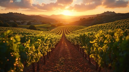 Fototapeta premium Golden Hour Vineyard: Rows of Grapes at Sunset