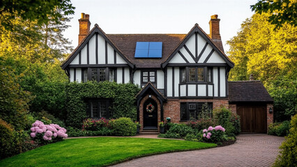 Tudor Revival Home in Chicago with Solar Panels, Steep Gables, Leaded Glass Windows, and Slate Roof, Solar Energy, Sustainable Architecture, Illinois Hom 