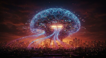 Artificial Intelligence Brain Connecting to Cityscape, Concept of Futuristic Technology
