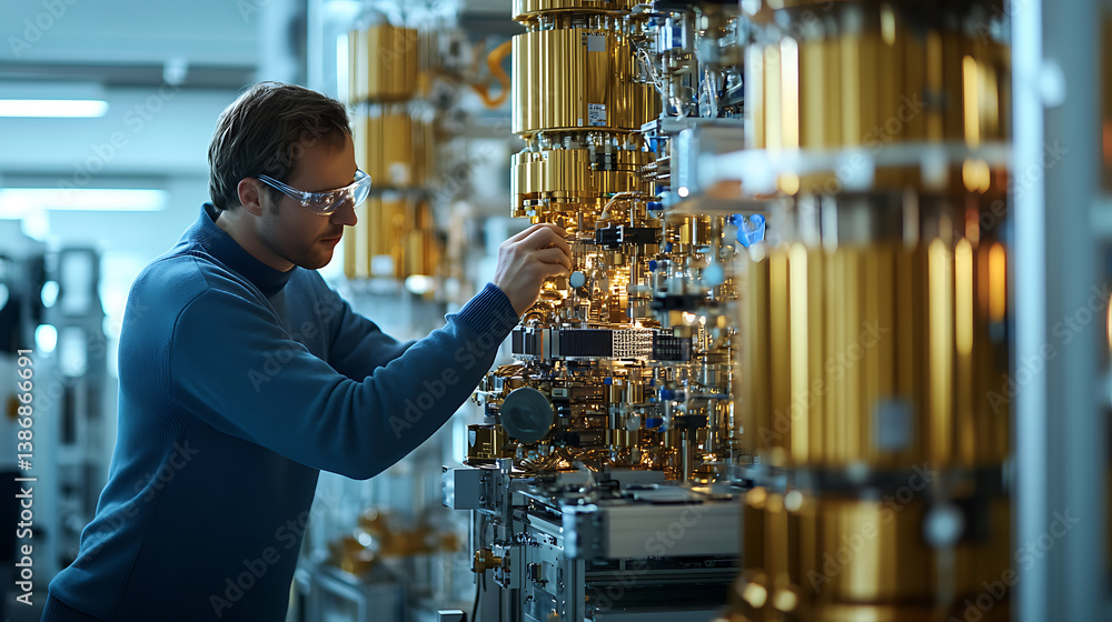 Wall mural a quantum computing lab with a scientist analyzing quantum circuits, ultra-modern research facility 