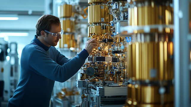 A quantum computing lab with a scientist analyzing quantum circuits, ultra-modern research facility with golden cryogenic cooling units, High-tech style