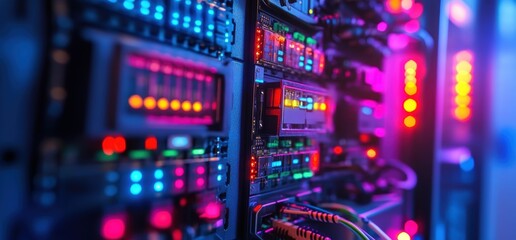 Obraz premium Digital Network: A close-up shot of a cutting-edge server room showcasing the complex infrastructure of data storage and processing, illuminated with vibrant colors and intricate details.
