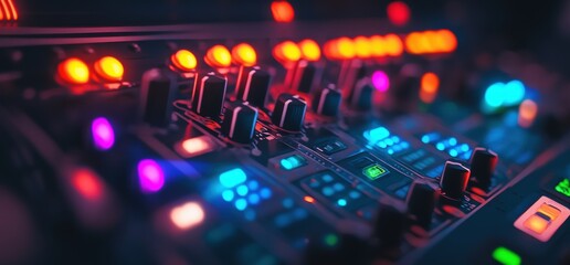 Sound Mixing: Capture the energy of a dynamic sound system and mixing console with glowing buttons, lights, and faders, designed for a lively musical performance.