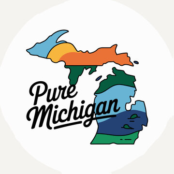 Pure Michigan Map Design with Great Lakes and Hand Lettering