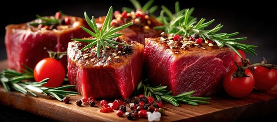 Gourmet beef dish with fresh herbs, vibrant tomatoes, elegant presentation, perfect for culinary promotions or menu highlights.
