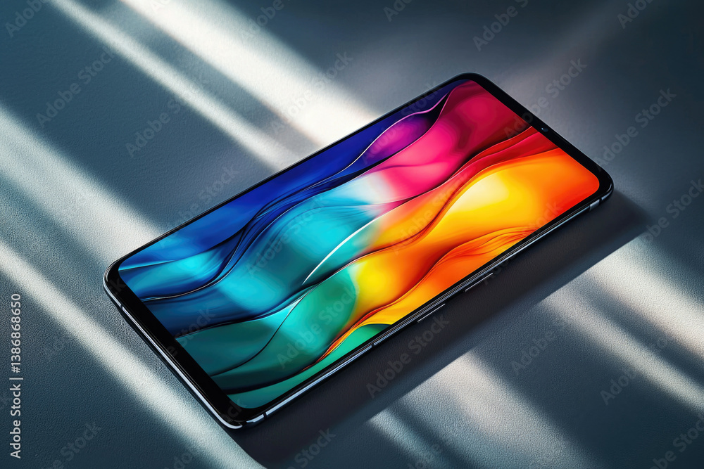 Poster a sleek smartphone displays vibrant, abstract waves of color on its screen, bathed in soft light.