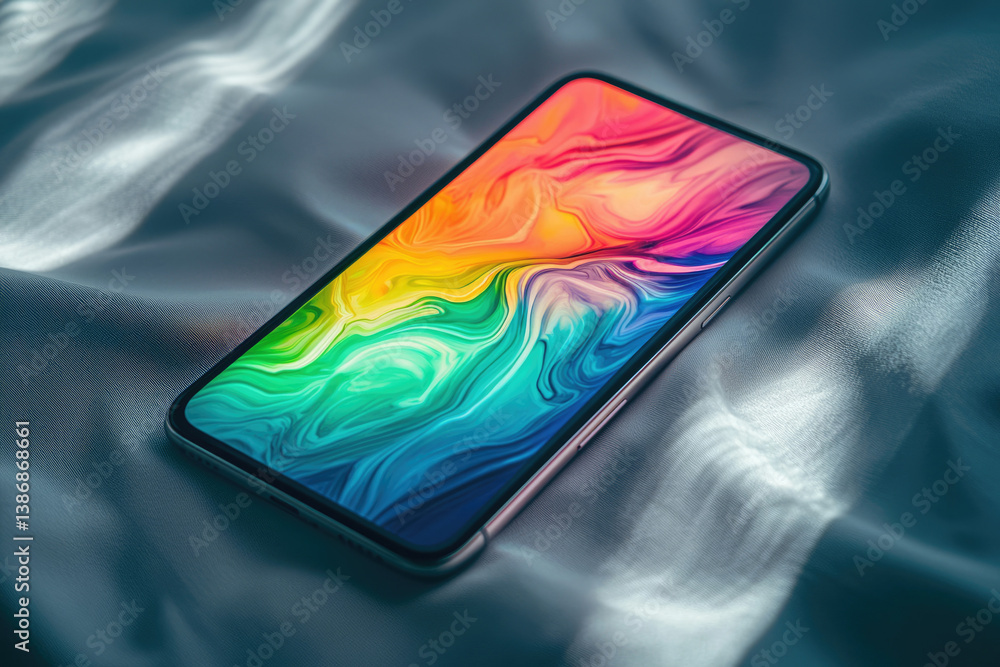 Poster a smartphone displays a vibrant abstract artwork with swirling rainbow colors on a soft, textured su