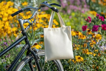 Professional Mockup of White Tote Bag Hanging on Bicycle in Floral Setting