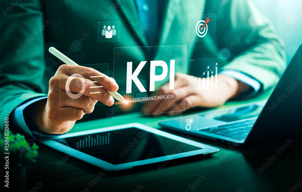 Poster businessman using digital tools to analyze key performance indicators (kpi) with data visualization,
