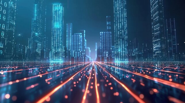3D digital highway running through binary code towers in a tech city.

