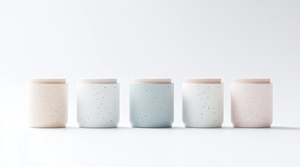 Five speckled ceramic jars with light wood lids sit in a row. A minimalist composition features even spacing. The image is high-quality with soft lighting. The style is clean and modern. Pastel colo