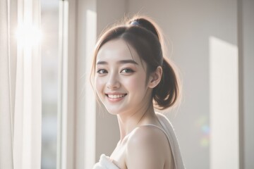 Smiling Asian Woman in Natural Light: Morning Skincare, Beauty, Wellness, and Healthy Lifestyle